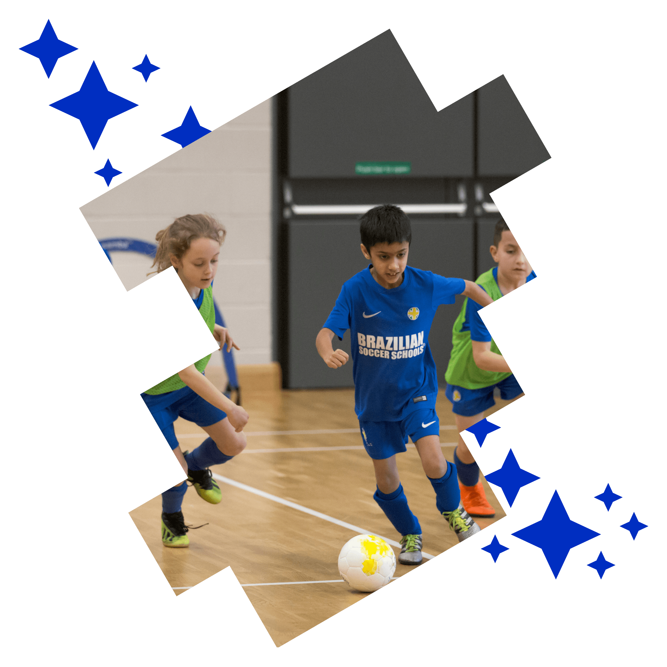 Image shows a Brazilian Soccer Schools student dribbling the ball with players either side of him.