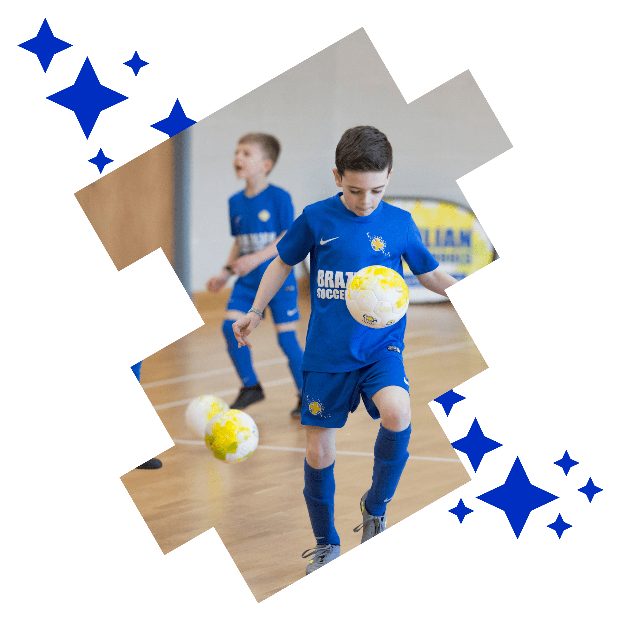 Image shows a Brazilian Soccer Schools student doing knee ups. 