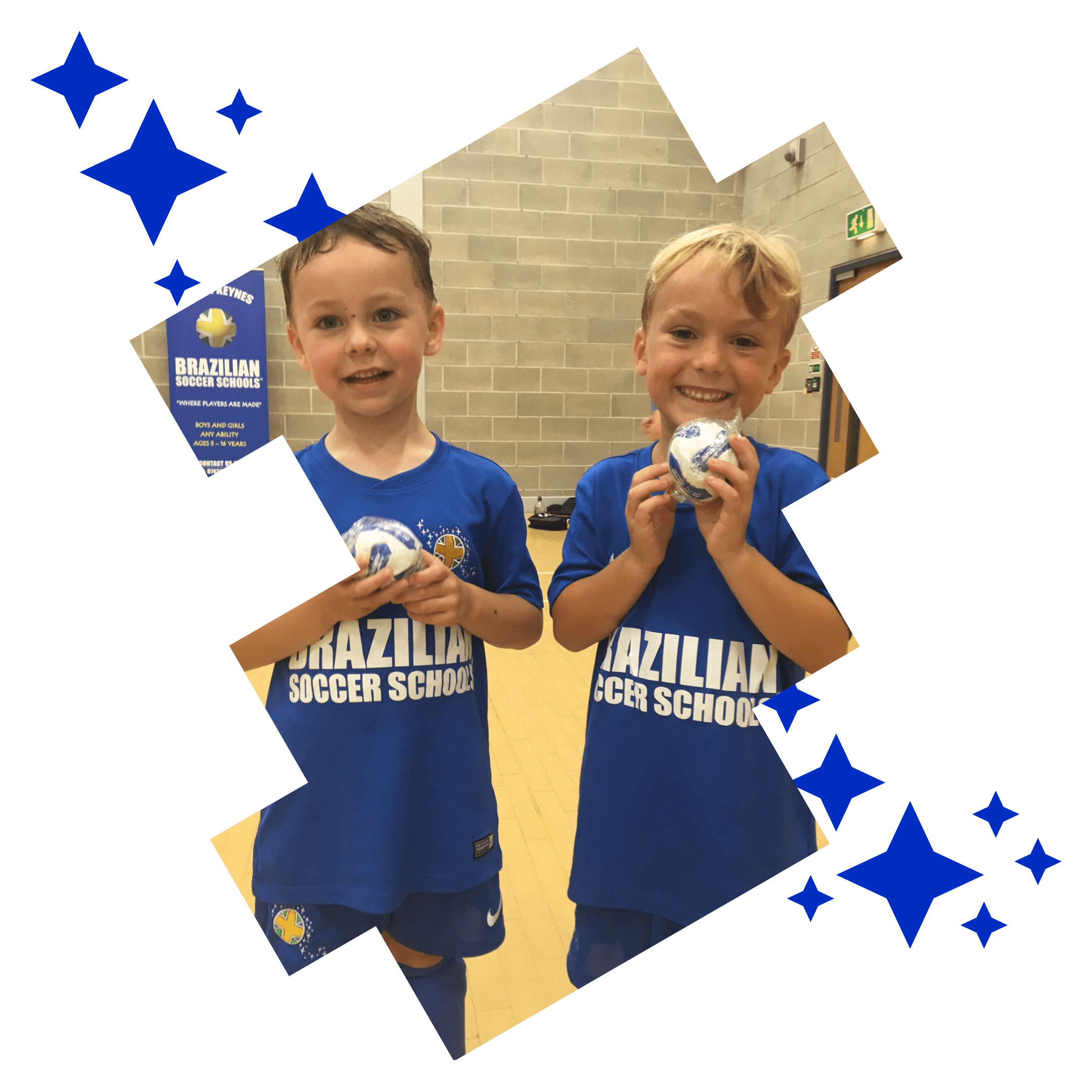 Image shows two Brazilian Soccer Schools children holding two small footballs.
