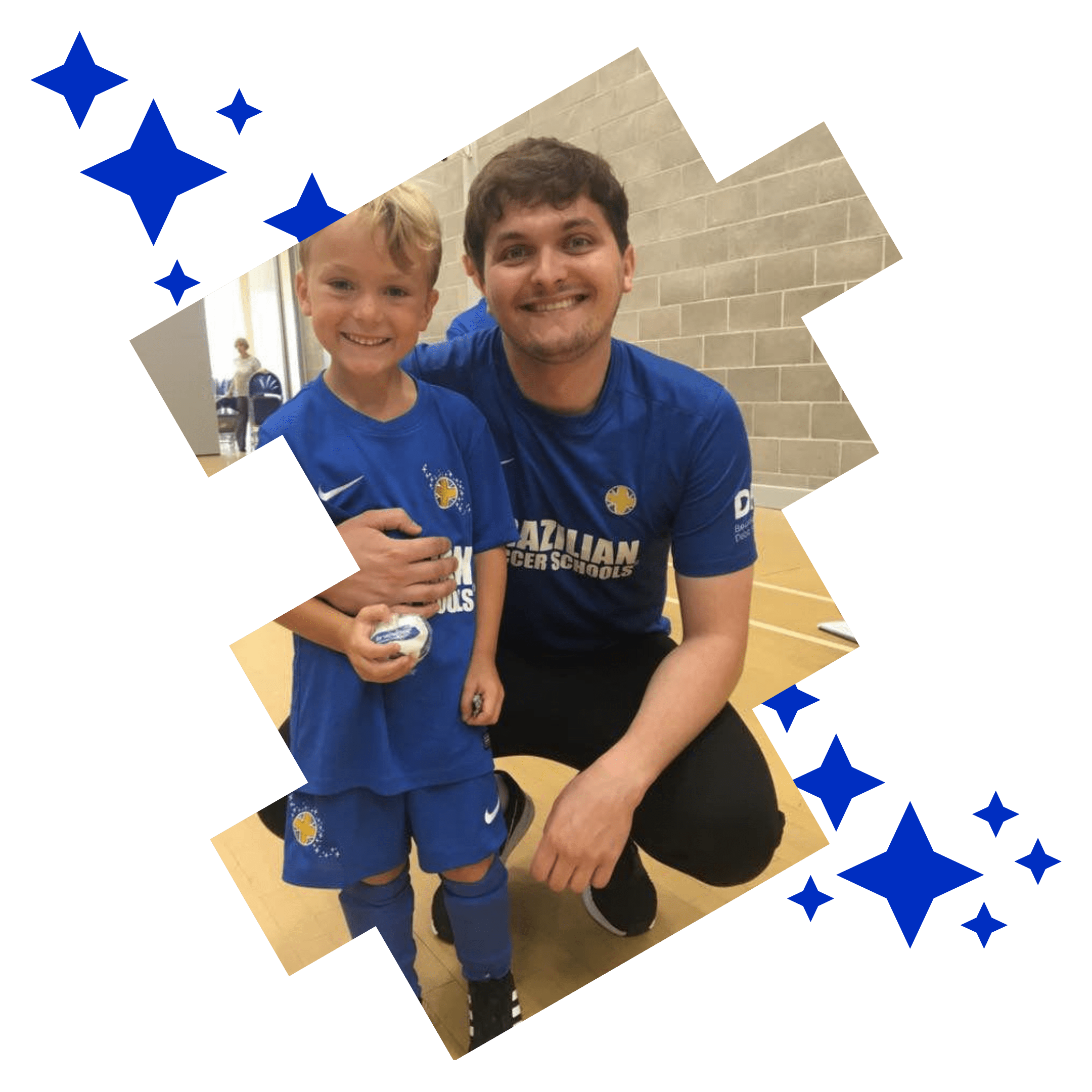 Image shows a Brazilian Soccer Schools student holding a mini football with his coach. 