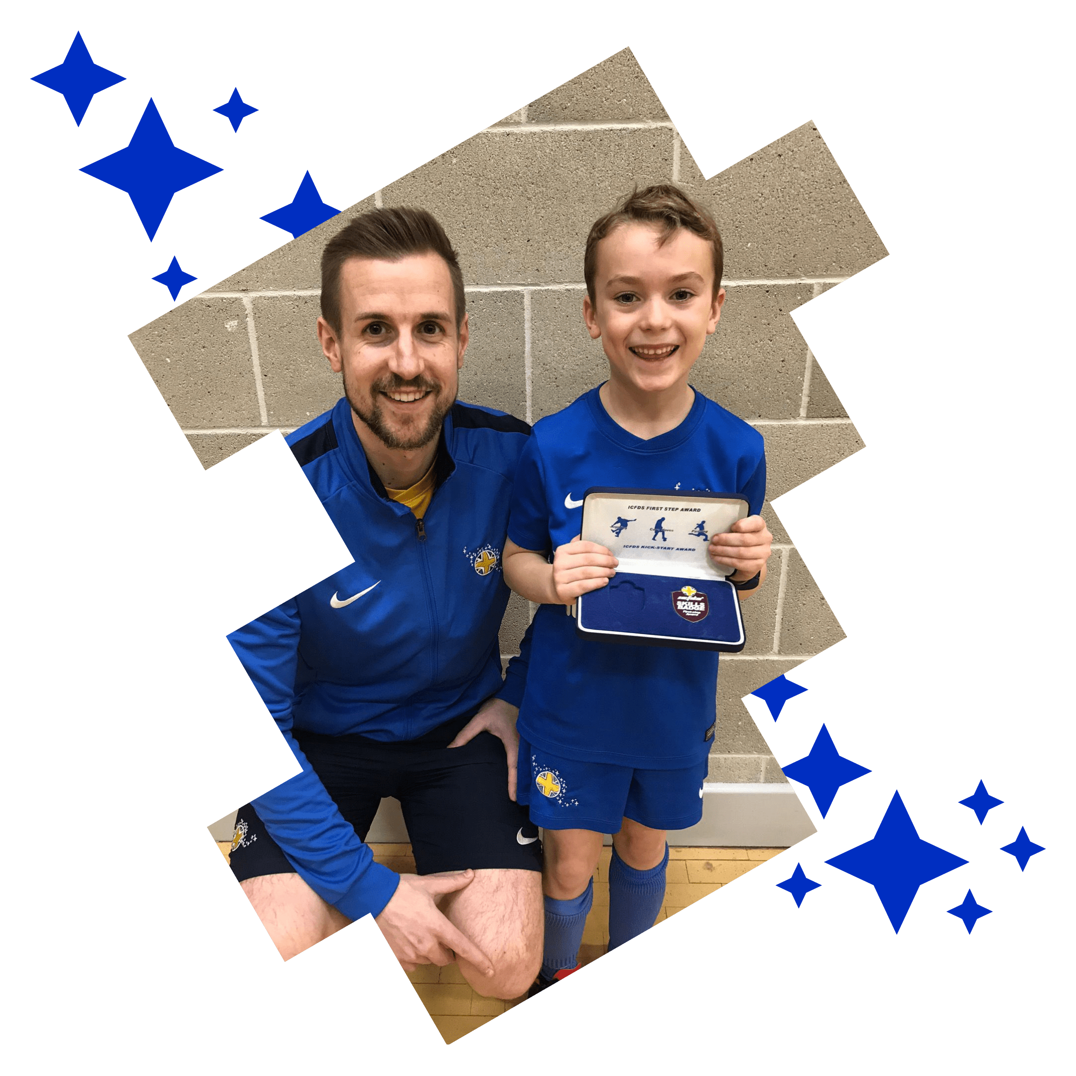 Image shows a Brazilian Soccer Schools student holding up the ICFDS badge scheme presentation case with his coach.